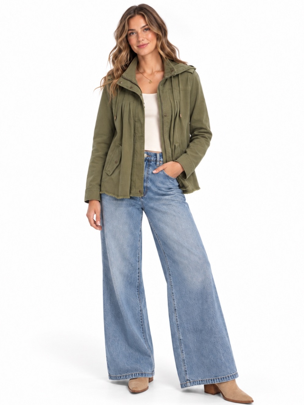 Lucky Brand Olive Green Hooded Utility Jacket Raw Hem Military Anorak Small
